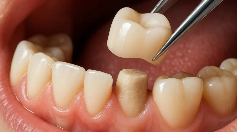 Dental crown being placed onto a prepared tooth