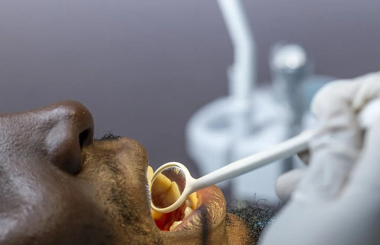 Dentist examining a patient's teeth with a dental mirror